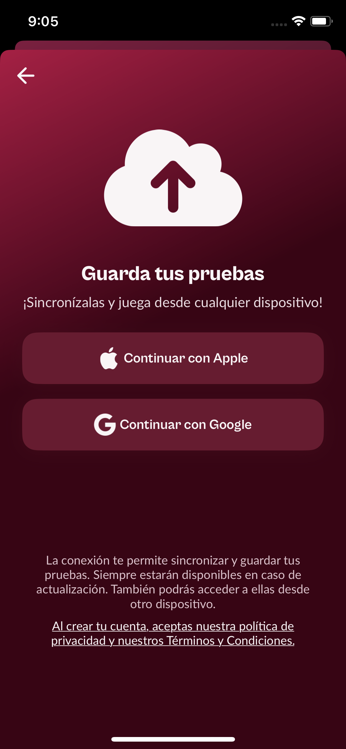 Pantalla de inicio de sesión para guardar y sincronizar pruebas personalizadas con Apple o Google