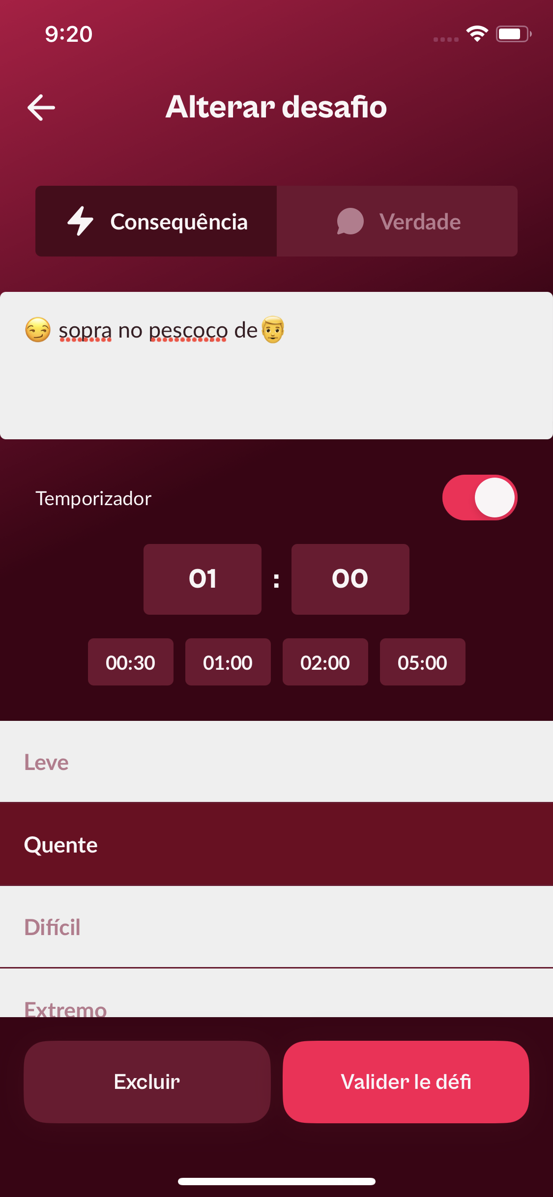 Editor de uma Consequência personalizada com emojis, temporizador e níveis