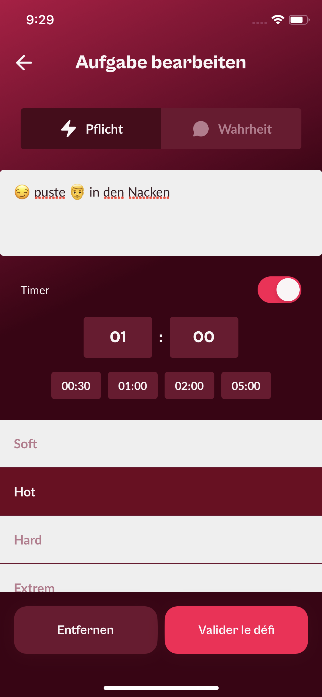Editor einer personalisierten Pflicht mit Emojis, Timer und Levels