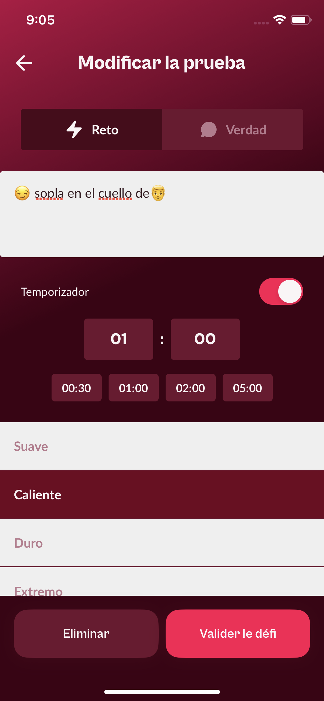 Editor de un reto personalizado con emojis, temporizador y niveles