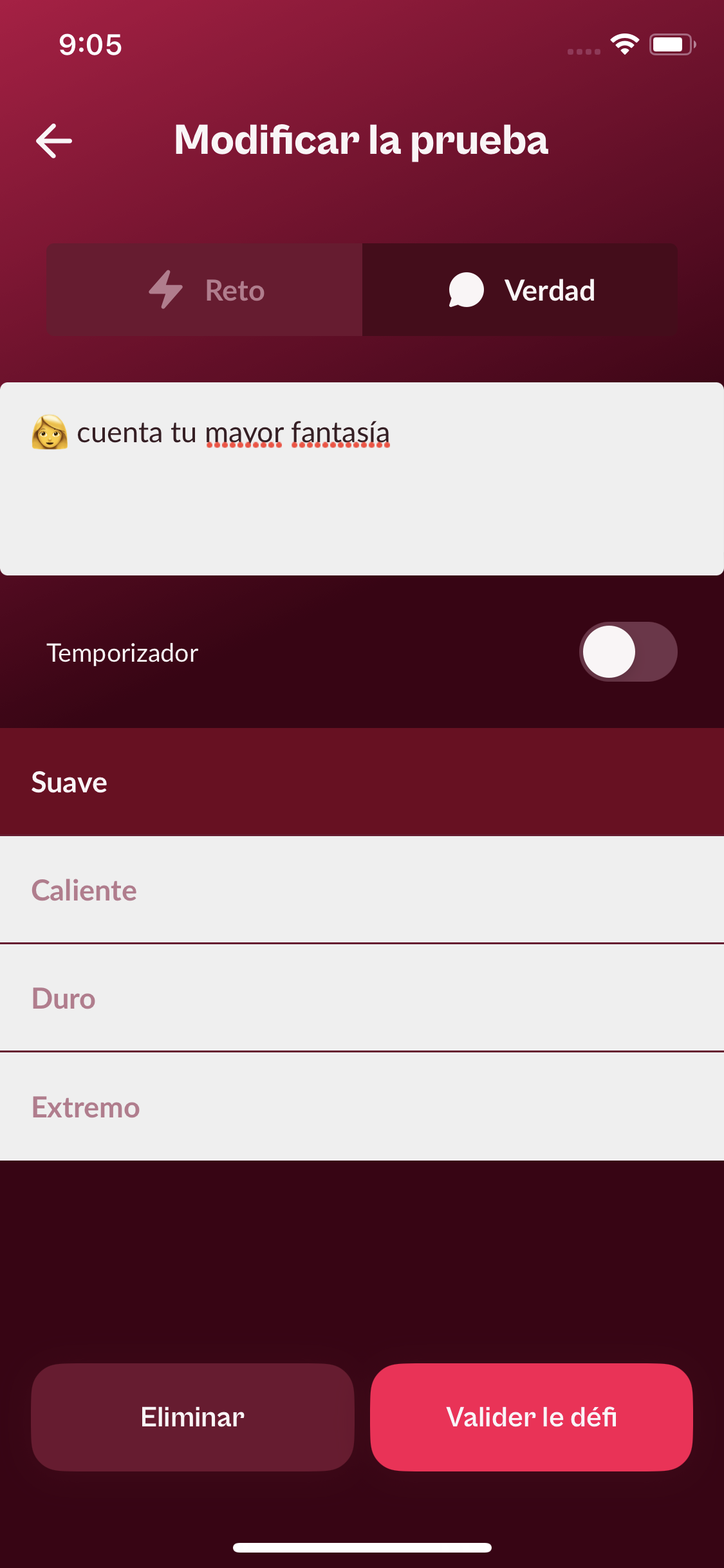 Editor de una verdad personalizada con emoji y selección de nivel