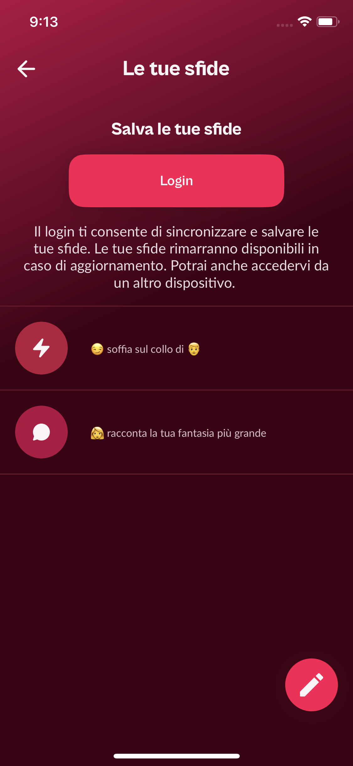 Schermata Le tue sfide con un Obbligo e una Verità personalizzati