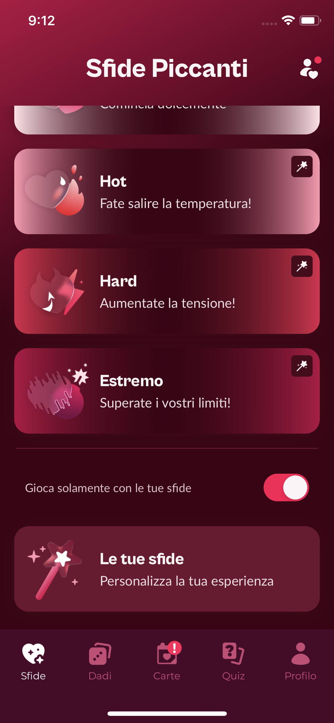 Schermata Sfide Piccanti con le bacchette magiche, l’interruttore delle sfide personalizzate e la scheda Le tue sfide