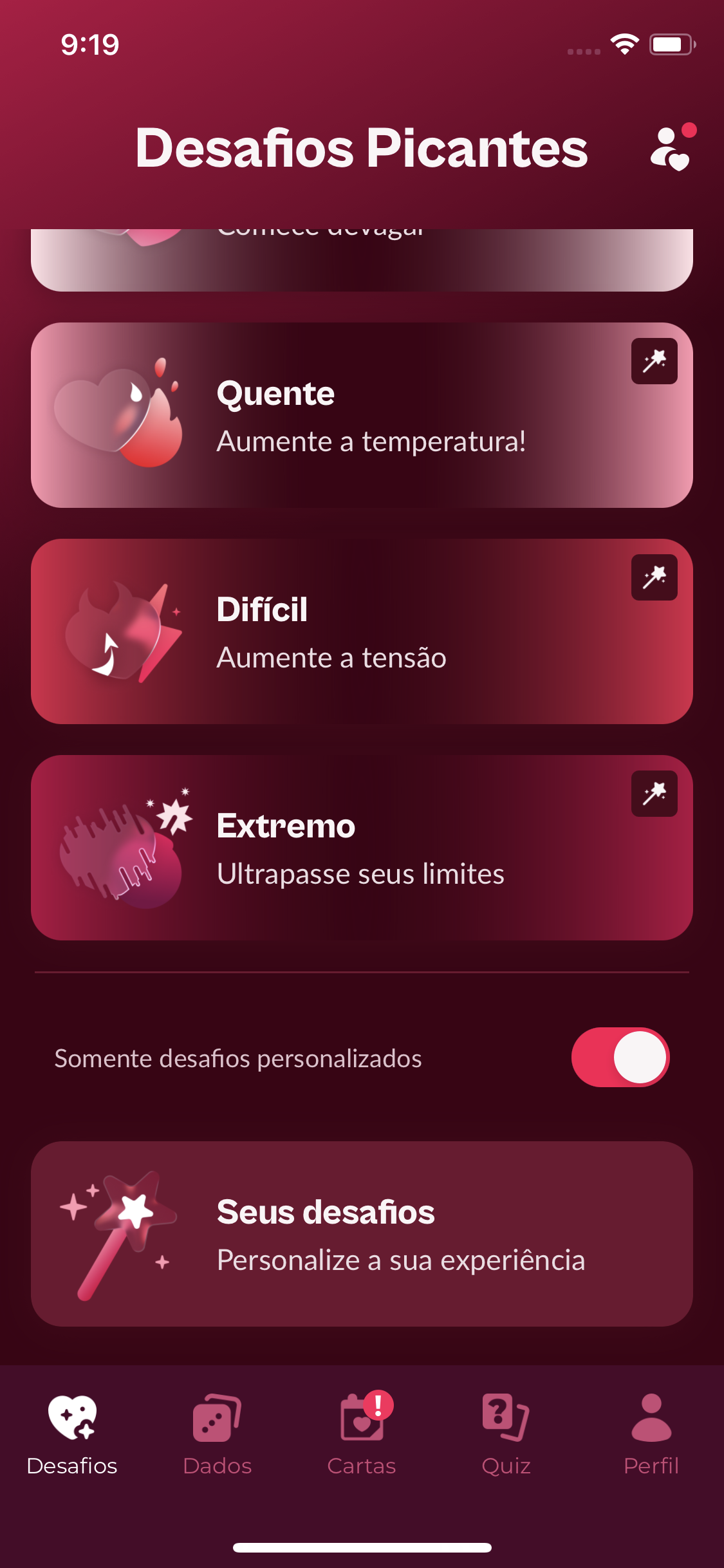 Ecrã Desafios Picantes com varinhas mágicas, interruptor de desafios personalizados e cartão Seus desafios