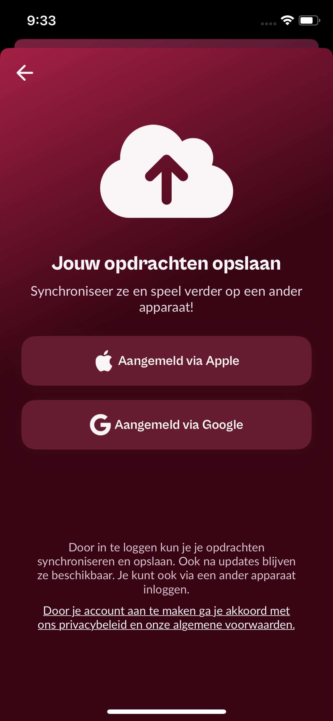 Inlogscherm om gepersonaliseerde opdrachten met Apple of Google op te slaan en te synchroniseren