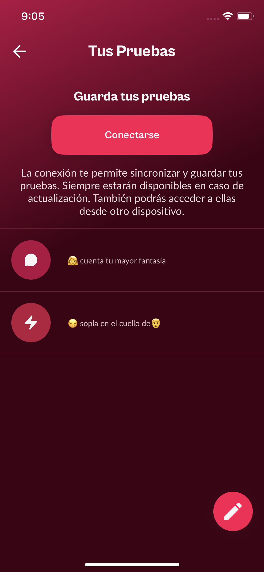 Pantalla Tus Pruebas con un reto y una verdad personalizados
