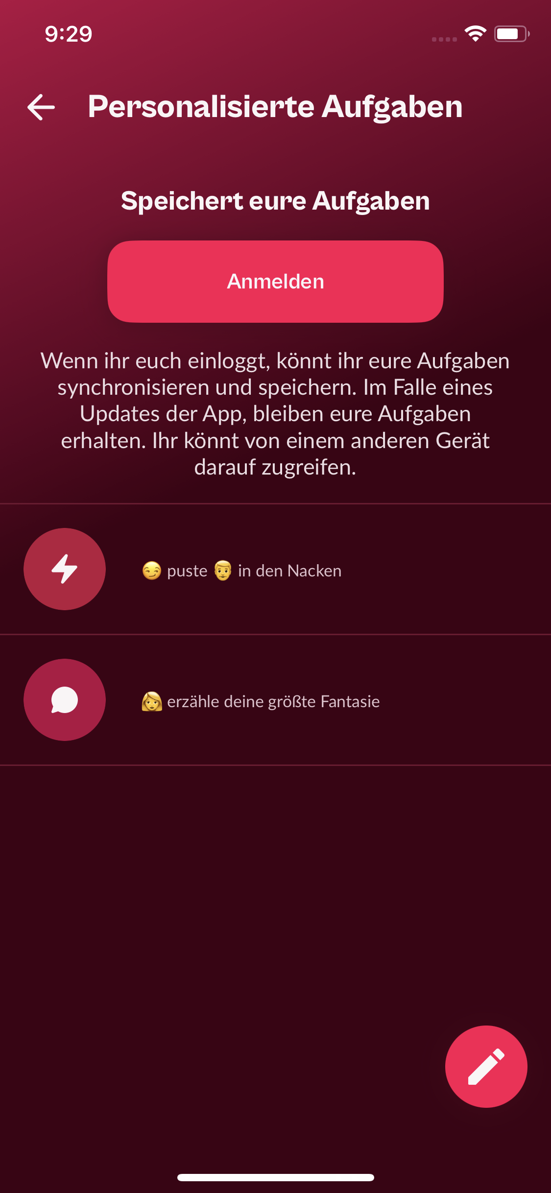 Bildschirm Personalisierte Aufgaben mit einer Pflicht und einer Wahrheit