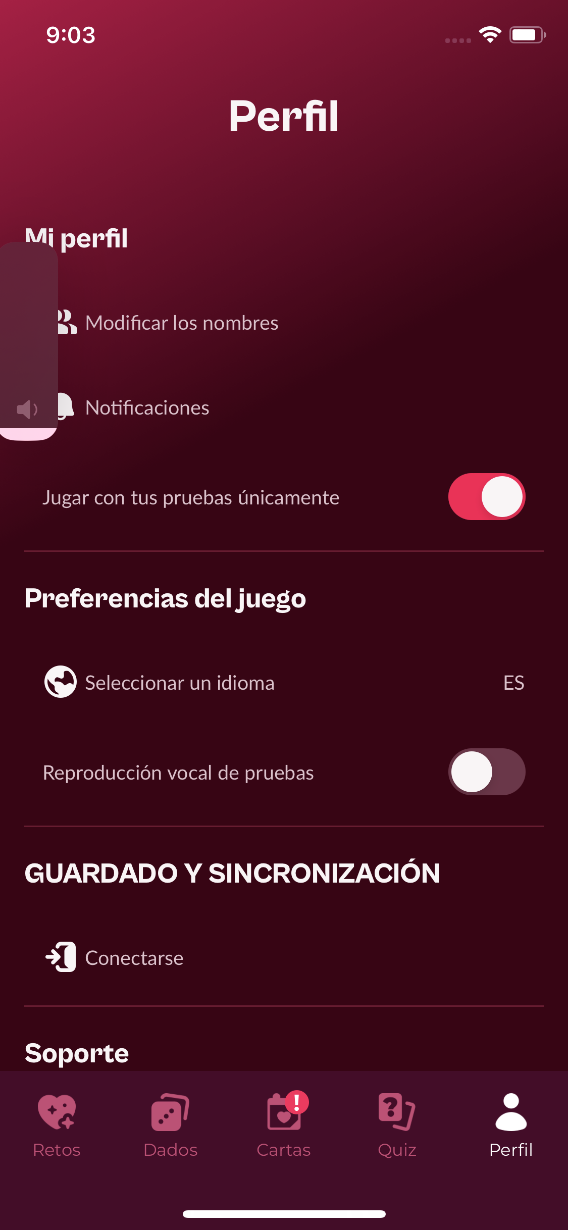 Pantalla Perfil y sección Guardado y sincronización de la aplicación