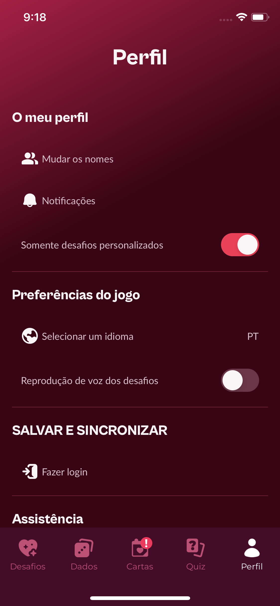 Ecrã Perfil e secção Salvar e sincronizar da aplicação