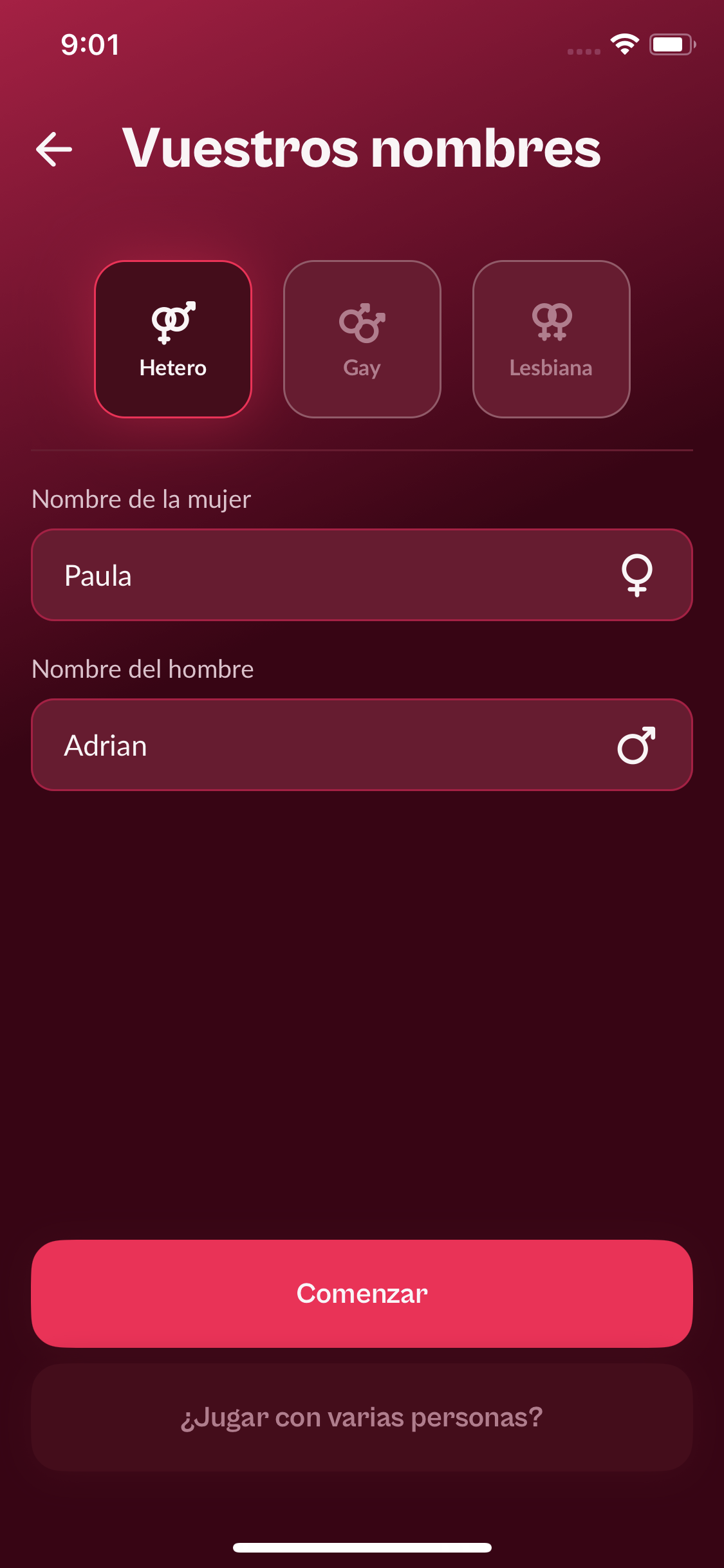 Configuración de los nombres y del tipo de pareja en la aplicación