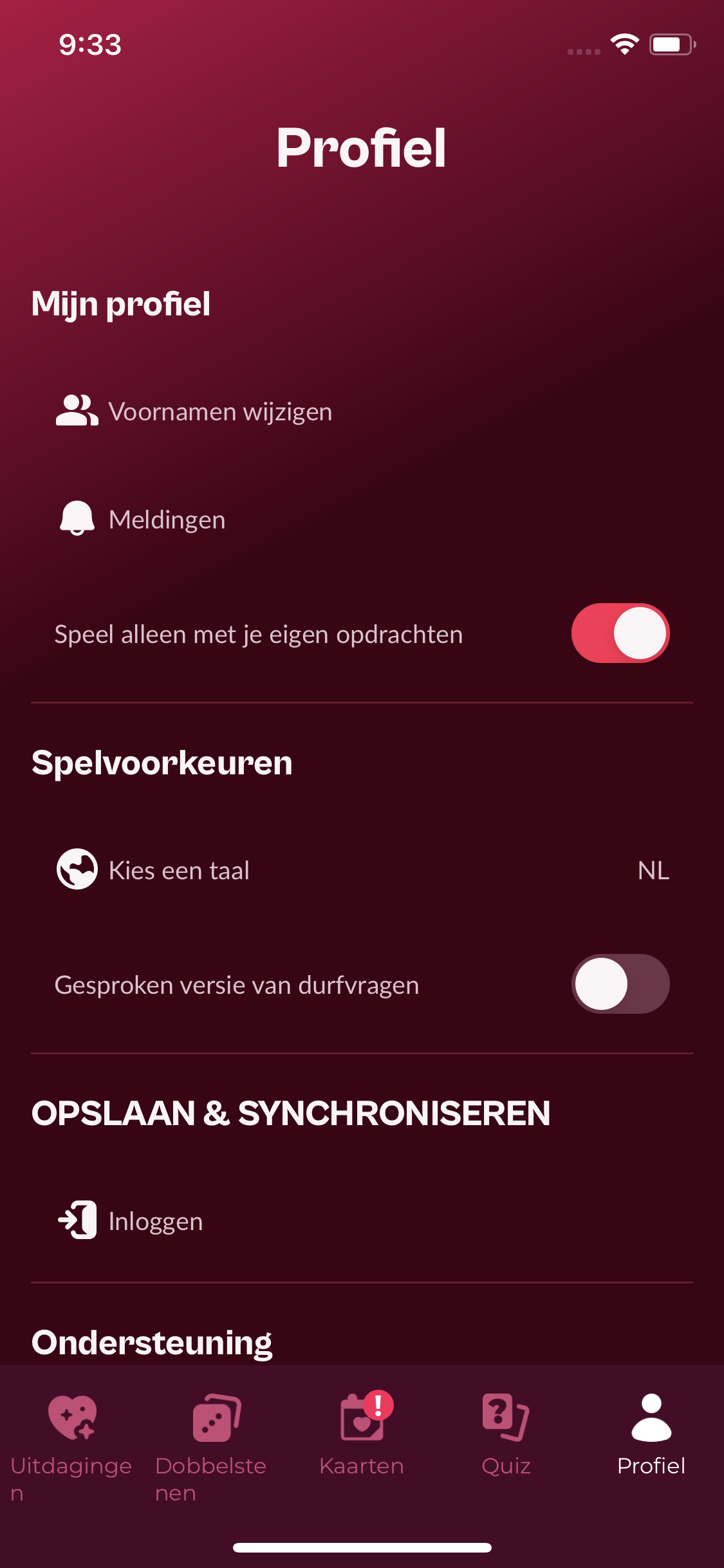 Profielscherm met het onderdeel Opslaan en synchroniseren