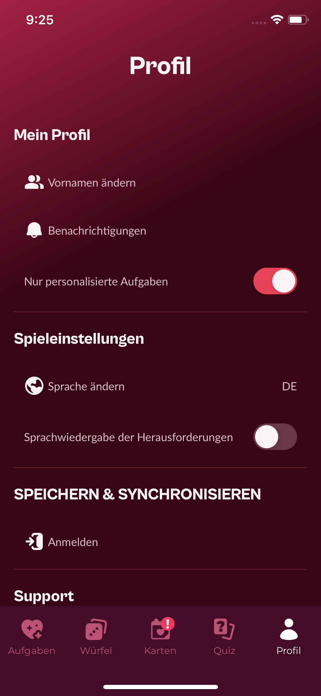 Profilbildschirm und Abschnitt Speichern und synchronisieren der App