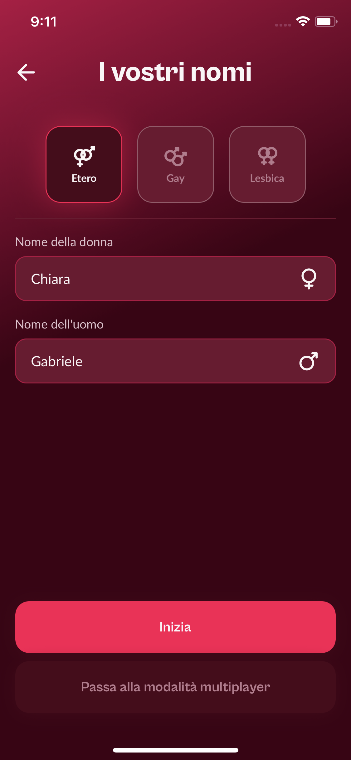 Configurazione dei nomi e del tipo di coppia nell’app