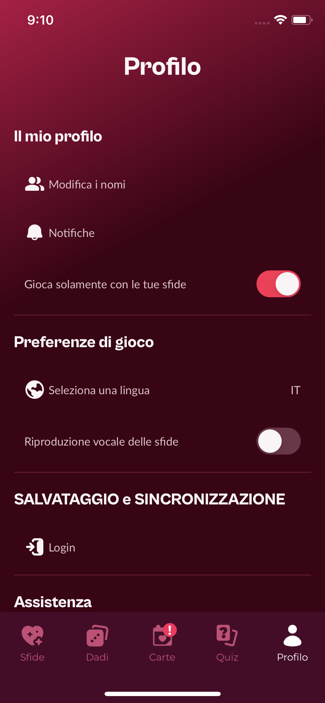 Schermata Profilo e sezione Salvataggio e sincronizzazione dell’app