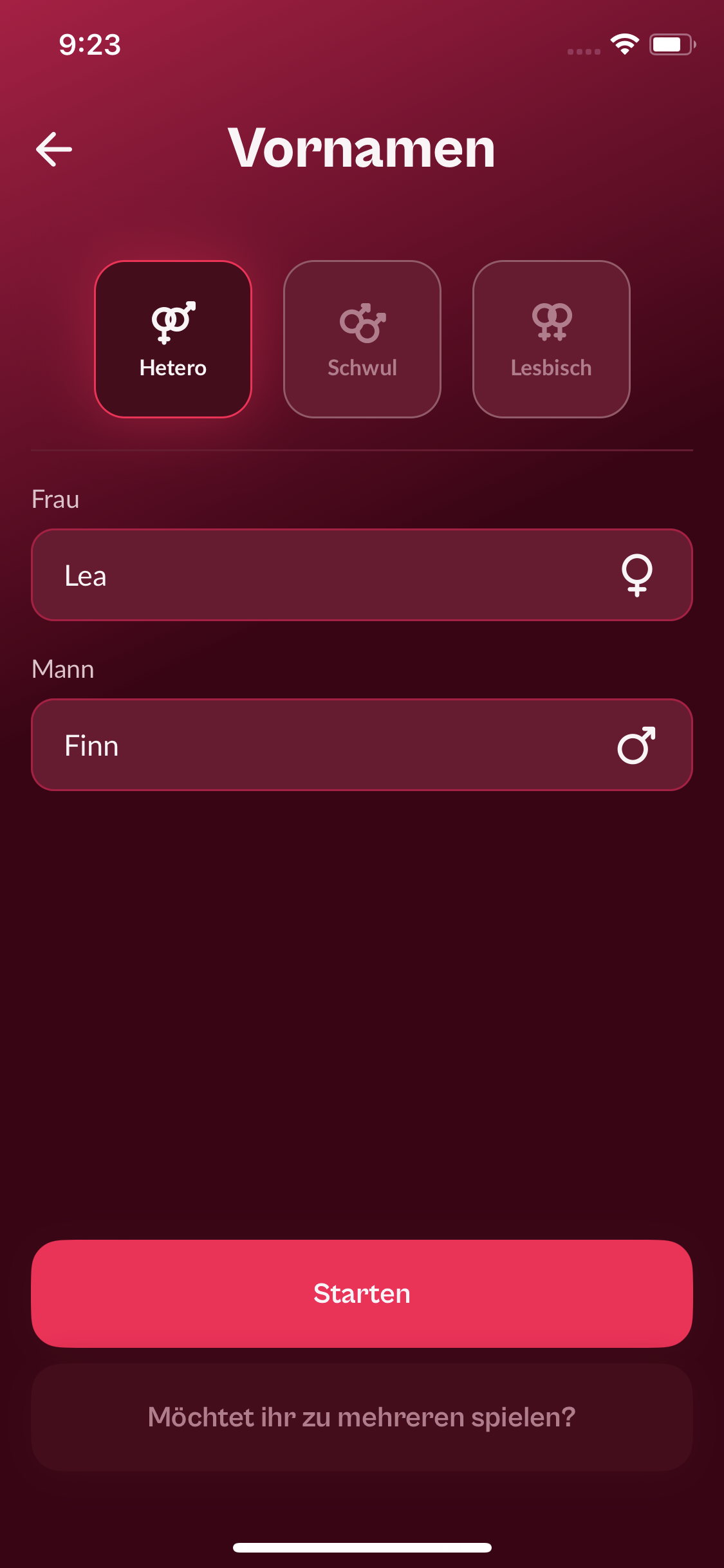 Einstellung der Namen und des Paartyps in der App
