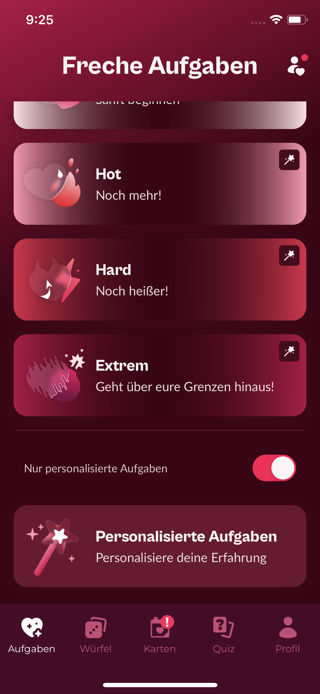Hauptbildschirm Freche Aufgaben mit Zauberstäben, Schalter und Karte Personalisierte Aufgaben