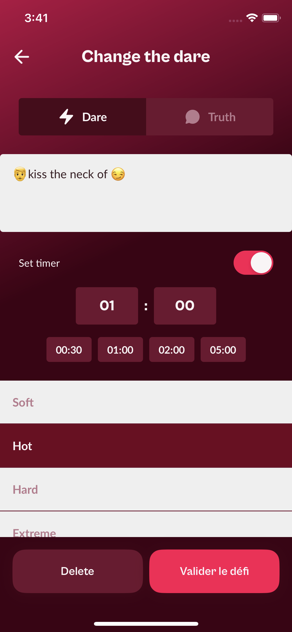 Custom dare editor showing Dare and Truth tabs, player emojis, timer and challenge levels