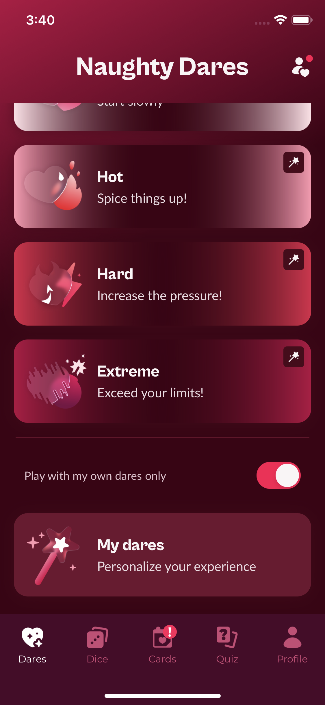 Naughty Dares home screen showing the custom dares switch, magic-wand icons and My dares card