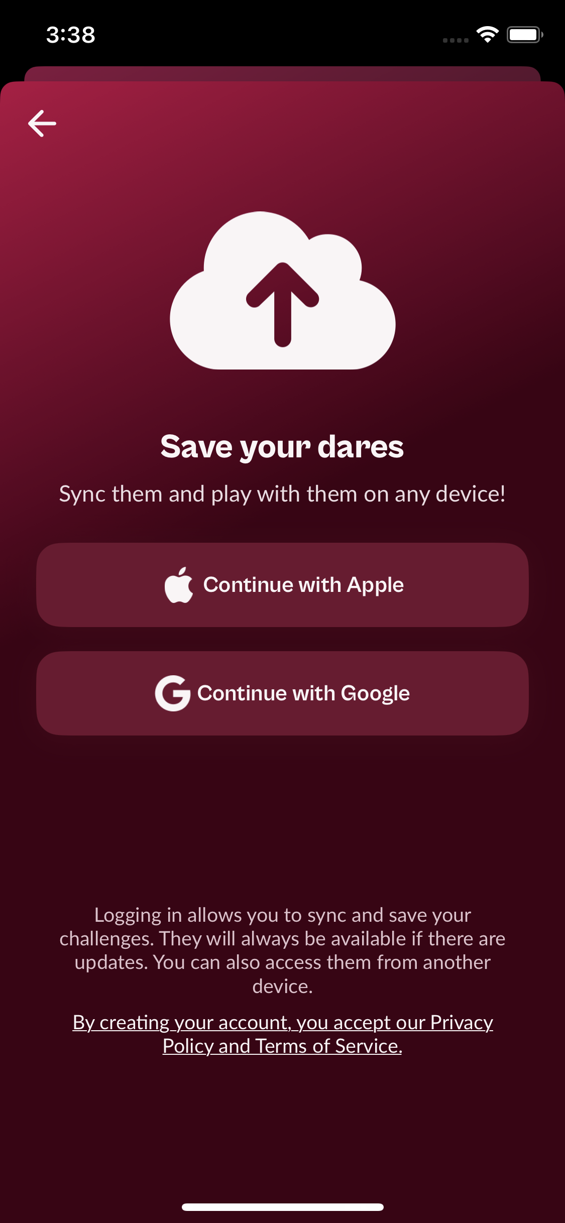 Login screen used to save and sync custom dares with Apple or Google