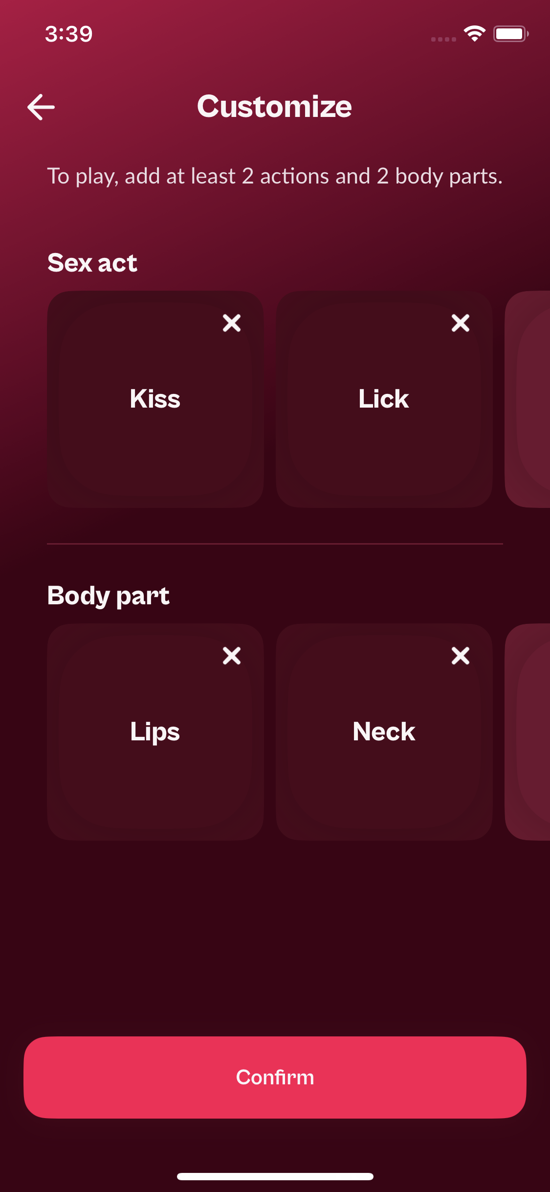Customize screen with selected actions, body parts and the Confirm button