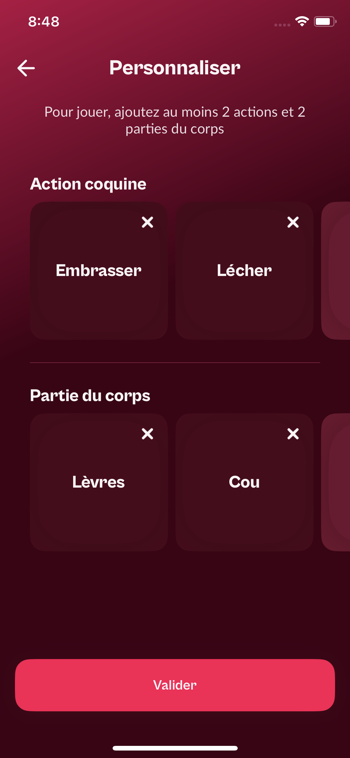 Écran Personnaliser avec les actions, les parties du corps et le bouton Confirmer
