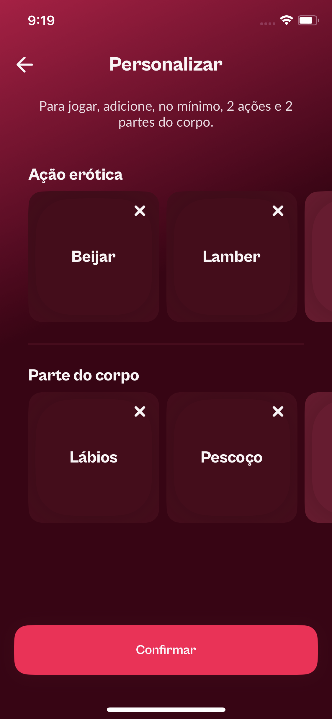 Criação de ações e partes do corpo para dados personalizados