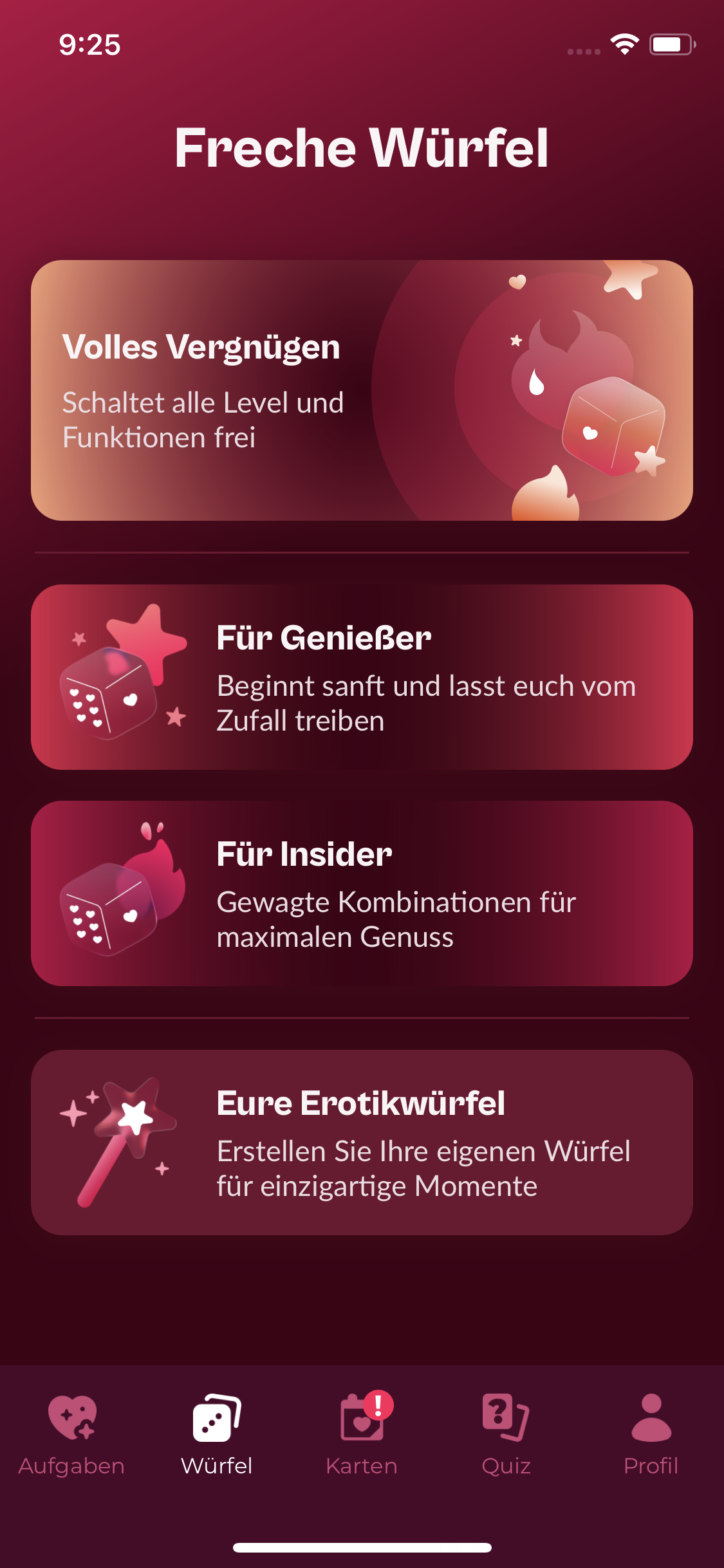 Stufen des erotischen Würfelspiels in der Paar-App