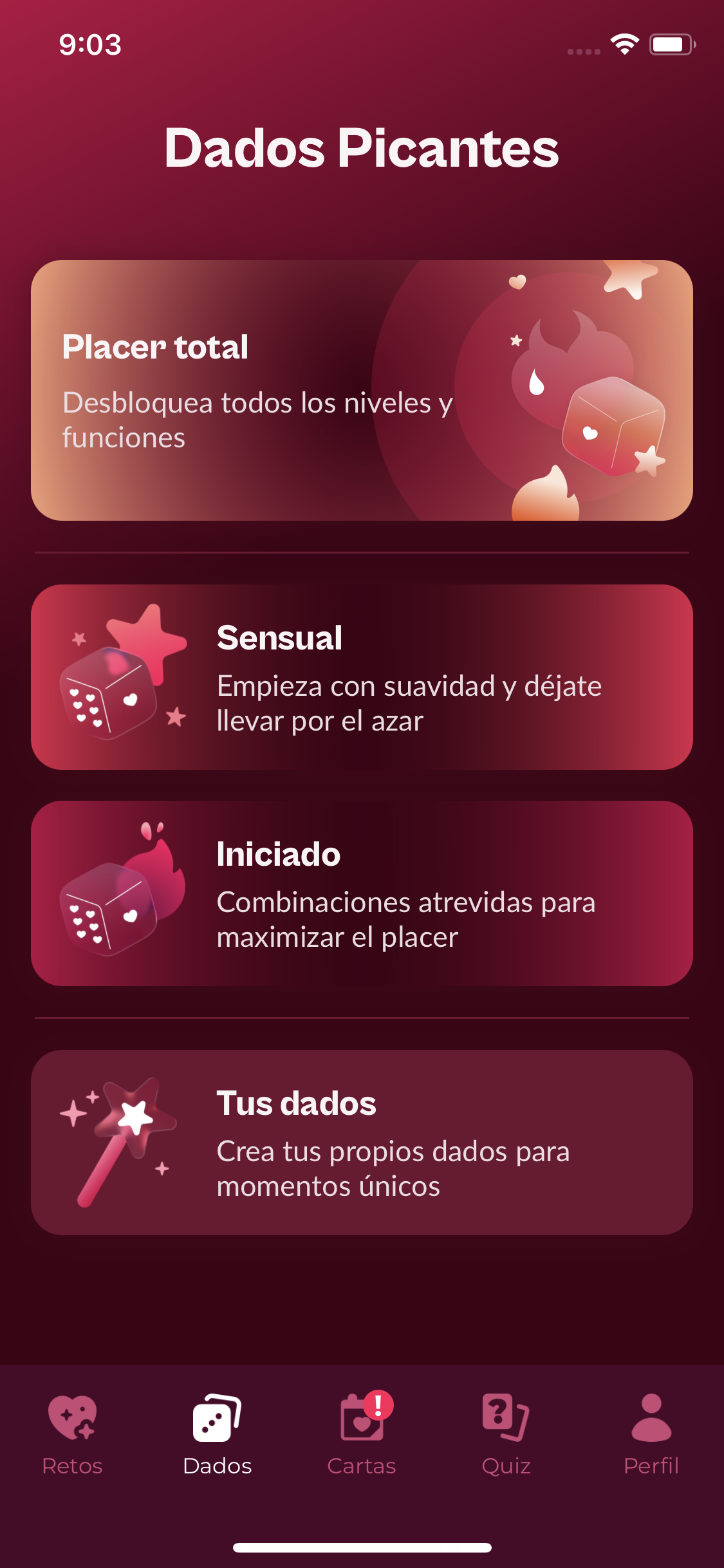 Niveles del juego de dados erótico en la aplicación para parejas