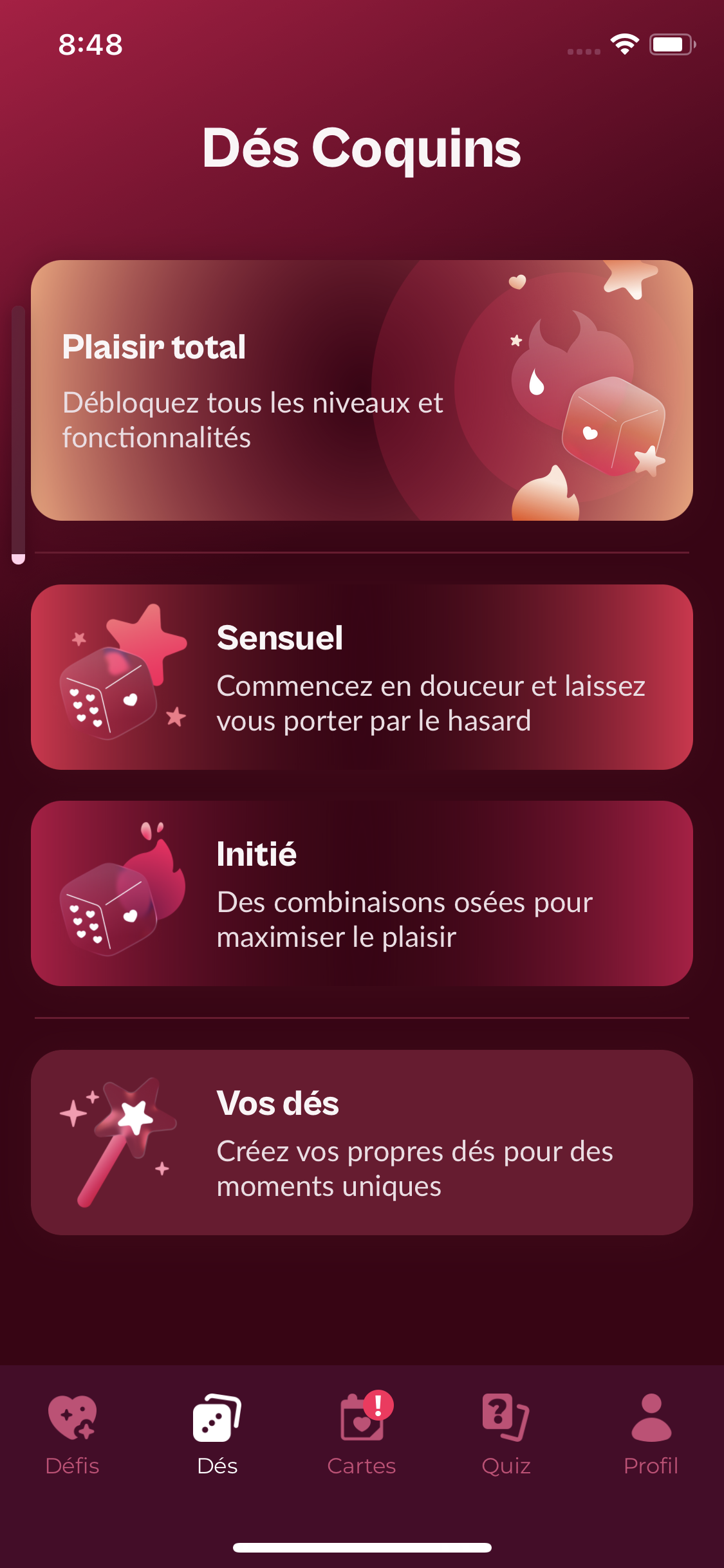 Écran Dés Coquins avec Plaisir total, Sensuel, Initié et Vos dés