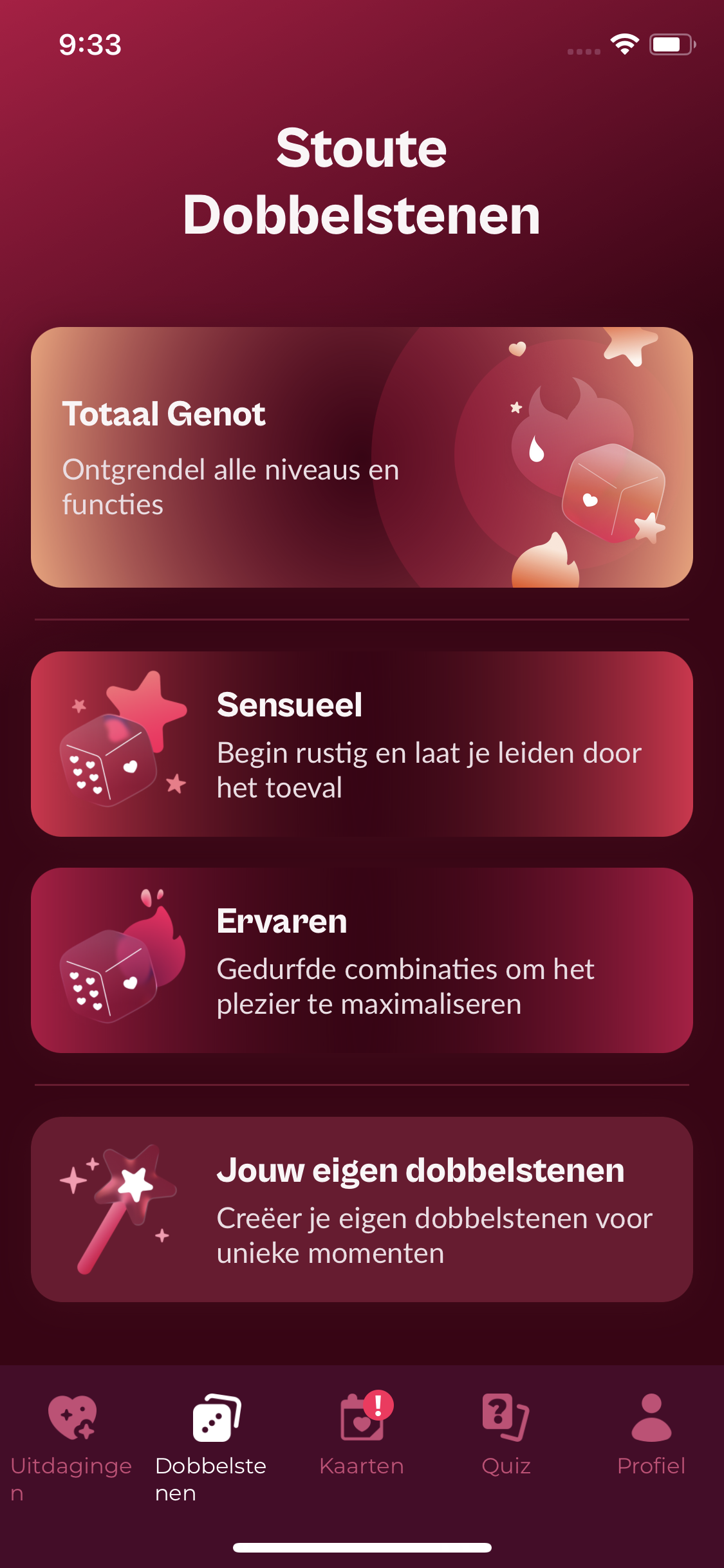 Niveaus van het stoute dobbelspel in de app voor koppels
