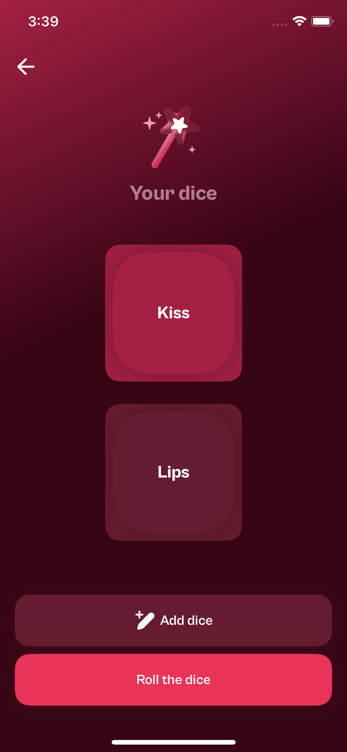 Your dice screen showing Kiss and Lips with the Roll the dice button