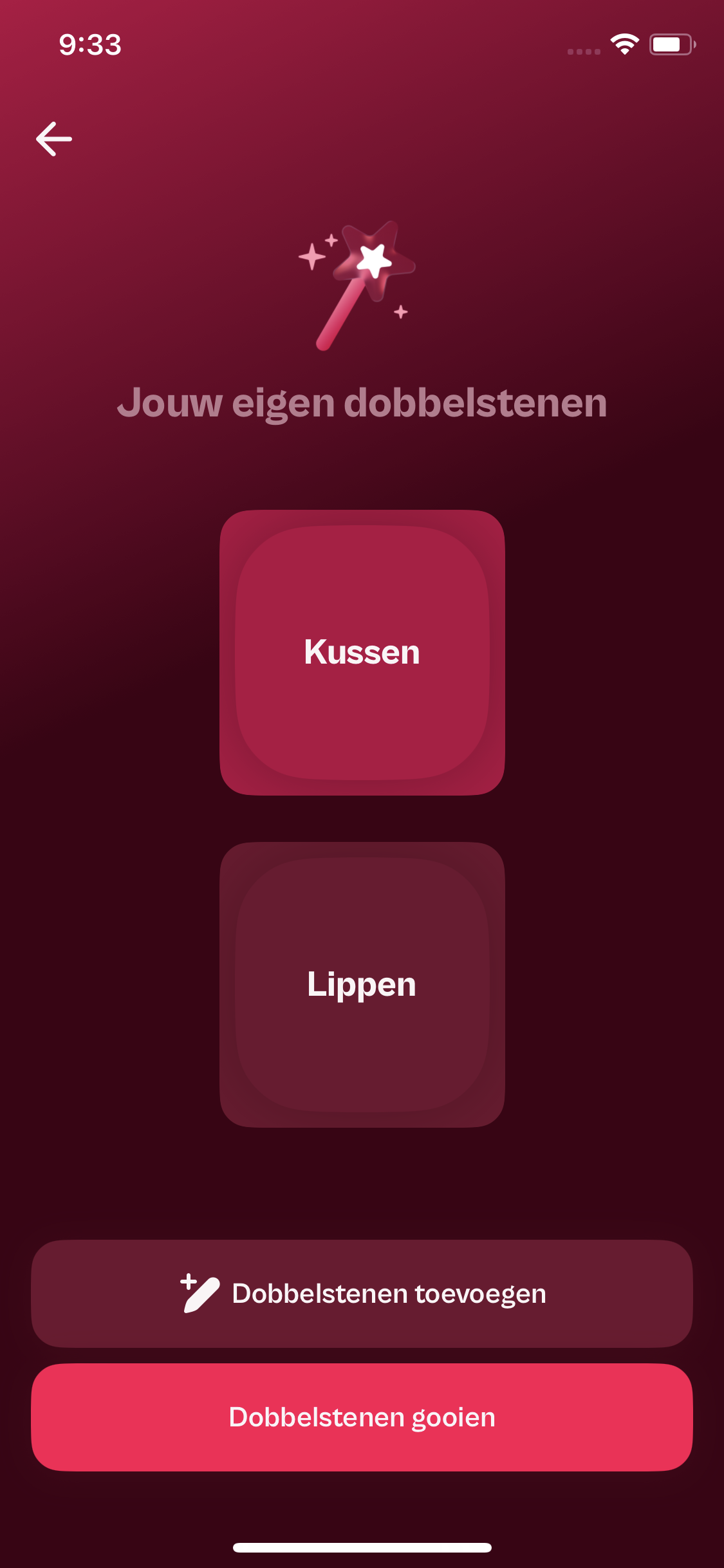 Actie en lichaamsdeel na een worp met de stoute dobbelstenen