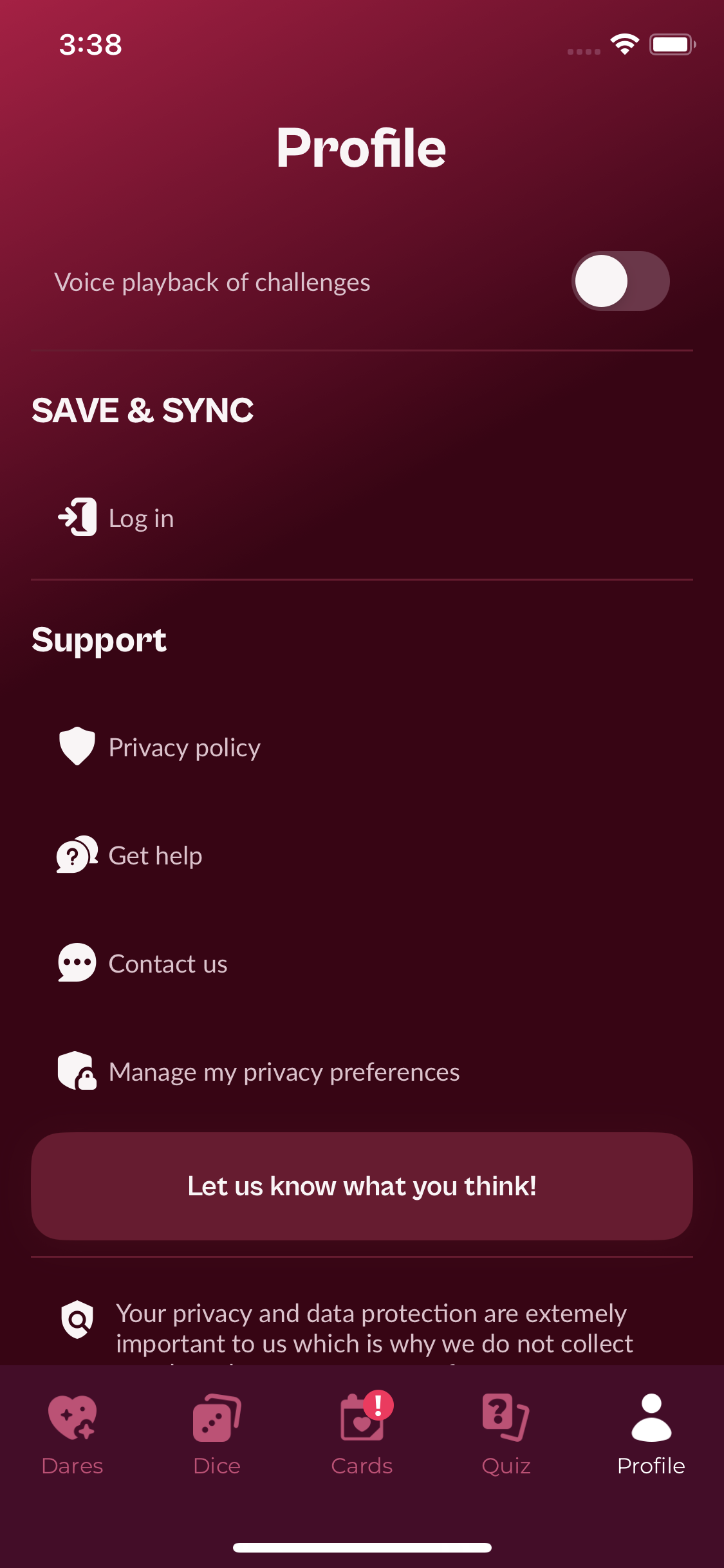 Profile screen and Save and Sync section in the Couple Game app
