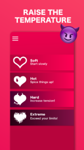 Screenshot of sex game for couples app with soft, hot, hard, and extreme levels