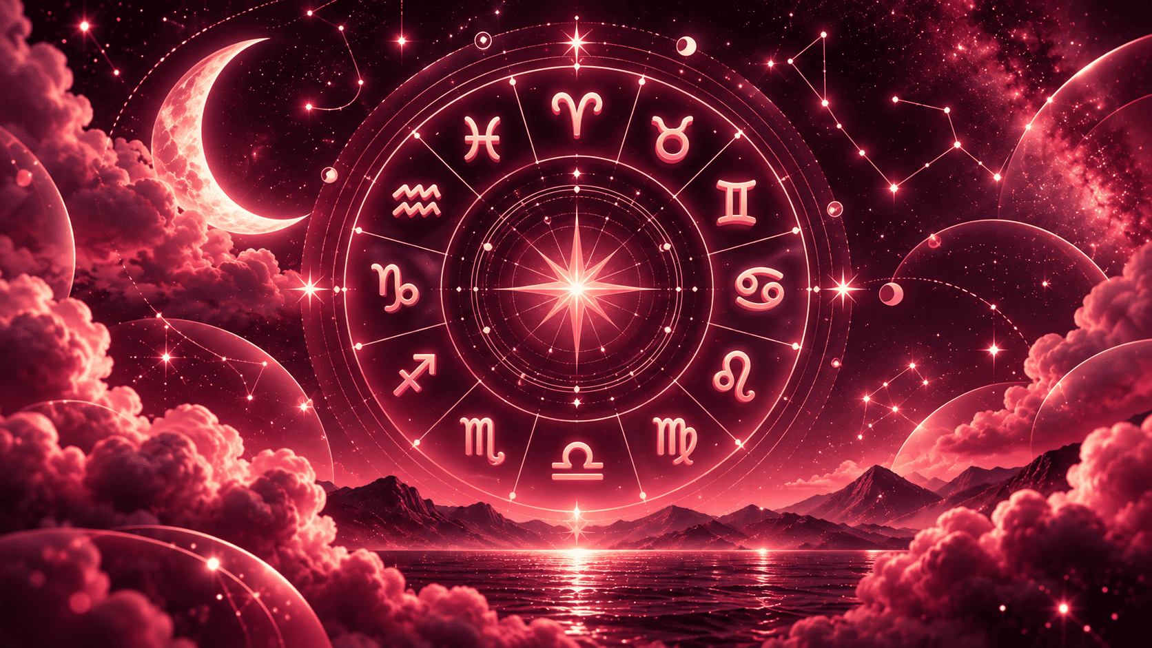 Burgundy zodiac wheel with glowing star signs and celestial details