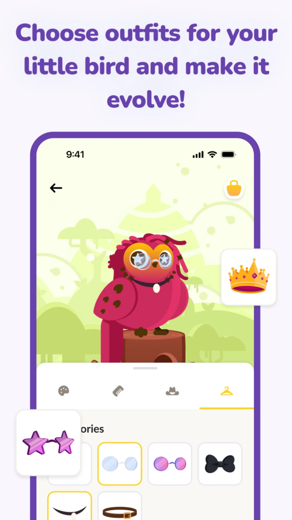 LovBirdz in-app view : choose the OOTD of your bird and make it evolve