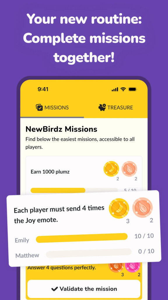 LovBirdz in-app view : complete missions together to earn tokens