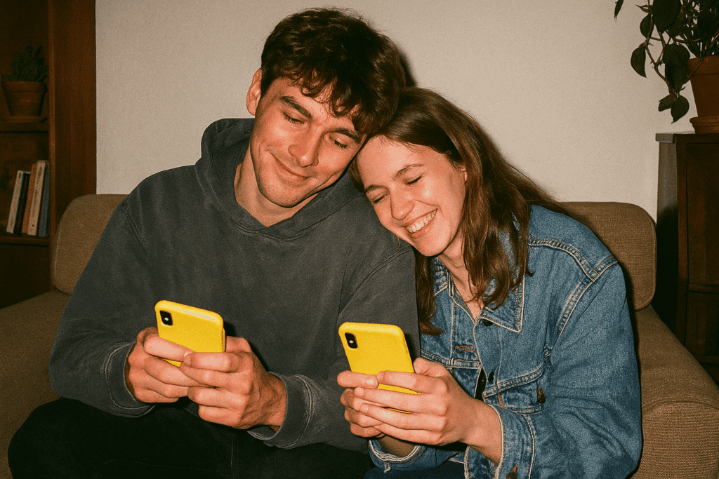 young couple play lovbirdz app to deppen their bond