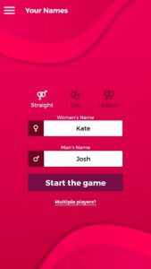 Screenshot of the sex game app for couples with names and different sexual preferences