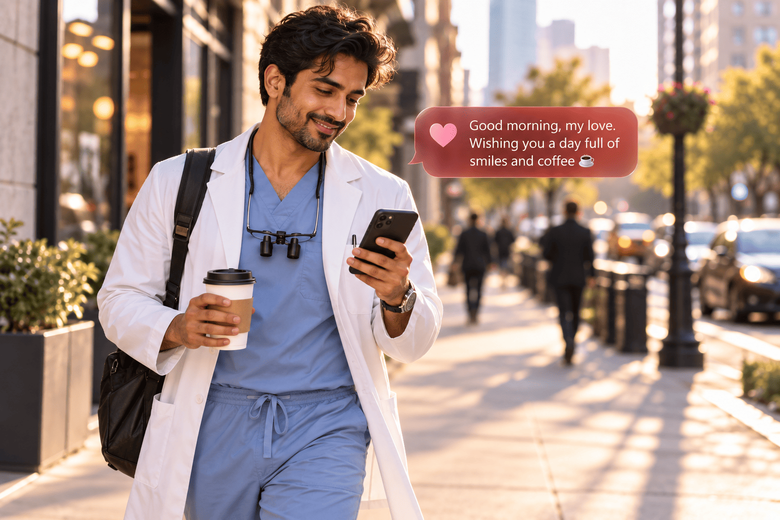 Man smiling while reading a heartfelt good morning message from his partner
