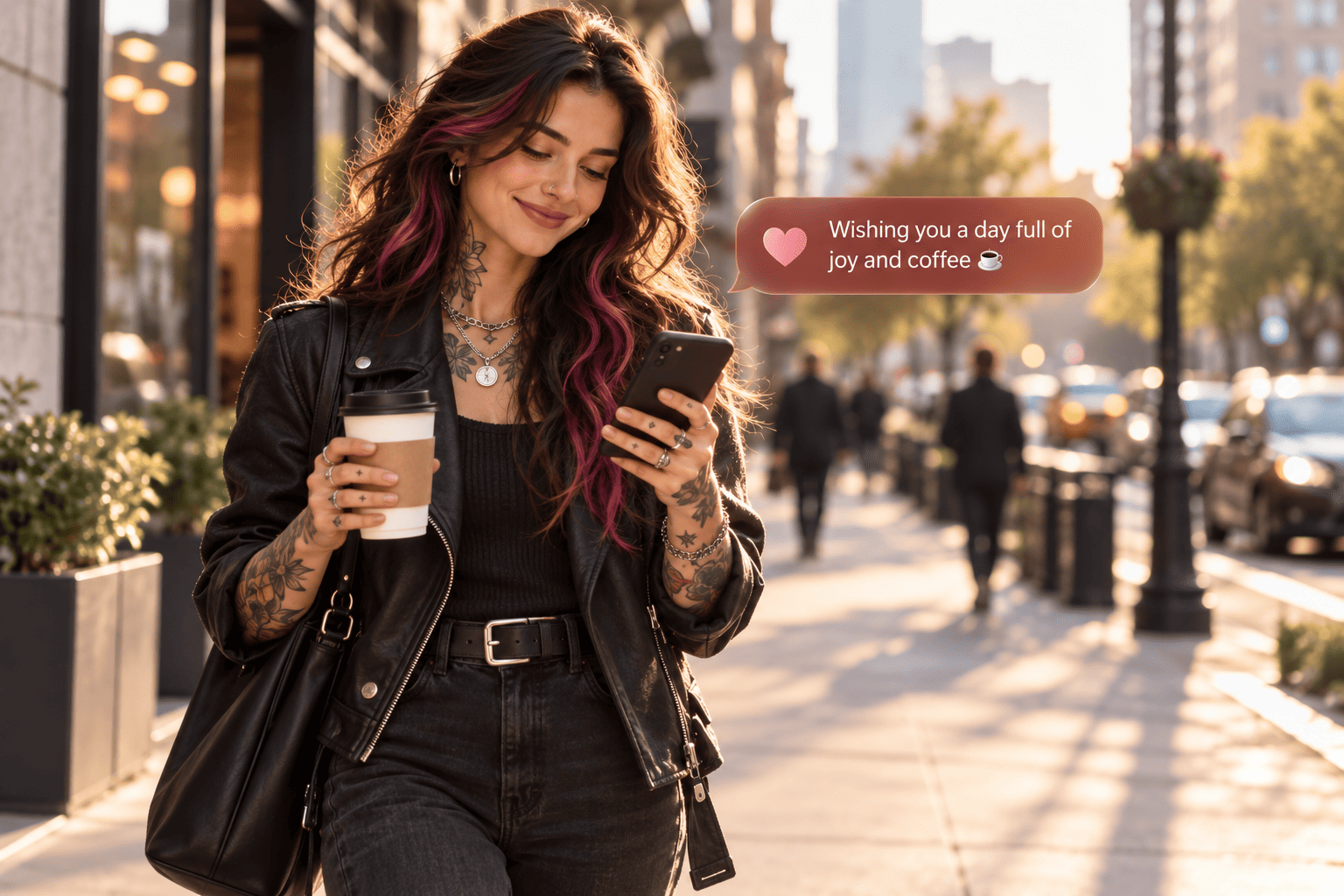Happy woman reading a sweet good morning text from her partner
