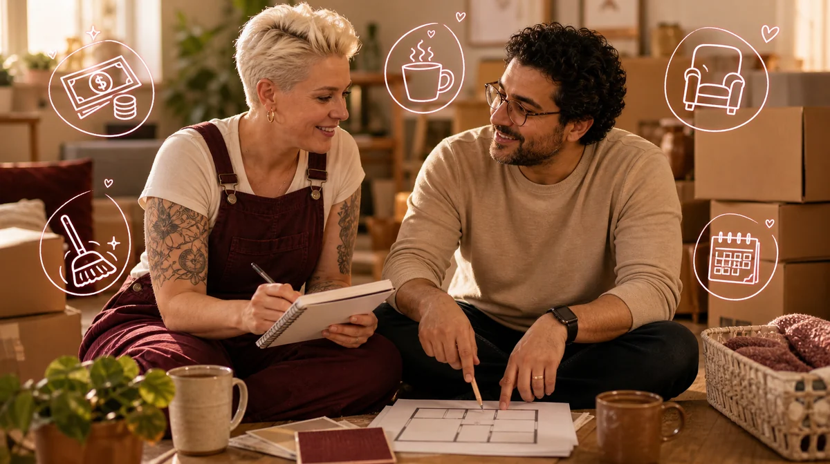 21 Questions to Ask Before Moving in Together as a Couple Couple unpacking boxes together in their new apartment