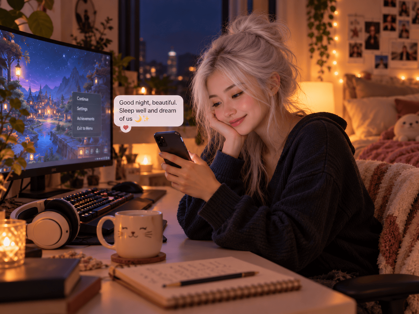 60 Good Night Messages for Her to End the Day with Love Woman reading a sweet good night text message his boyfriend send her