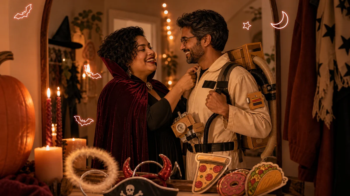 Halloween couples in creative costumes laughing and posing together