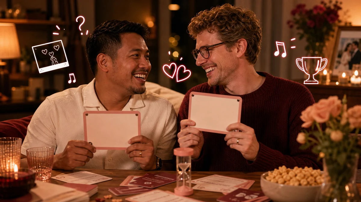 A smiling couple sitting on the couch playing a question game together