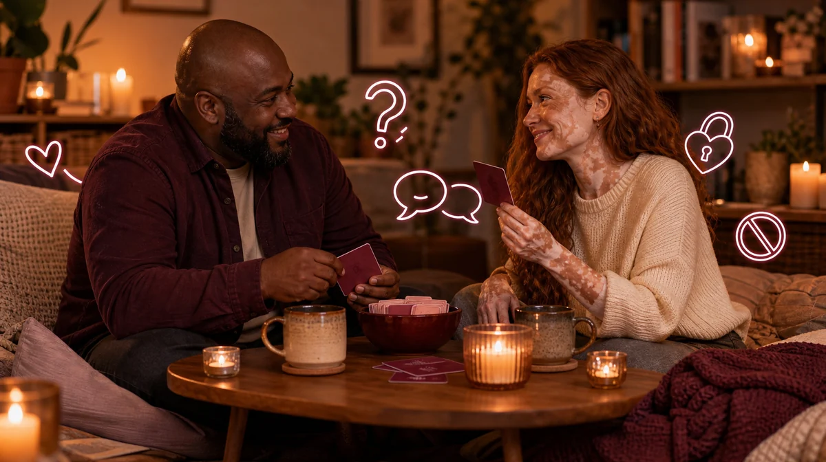 Couple holding hands and smiling while answering intimate questions