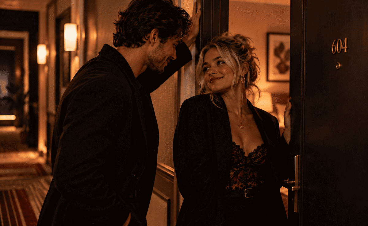 Couple dressed up for a playful roleplay scenario during an intimate evening